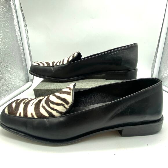 Talbots Loafer Italy Black Leather‎ Calf hair zebra print Square toe Women  7 - Picture 6 of 8